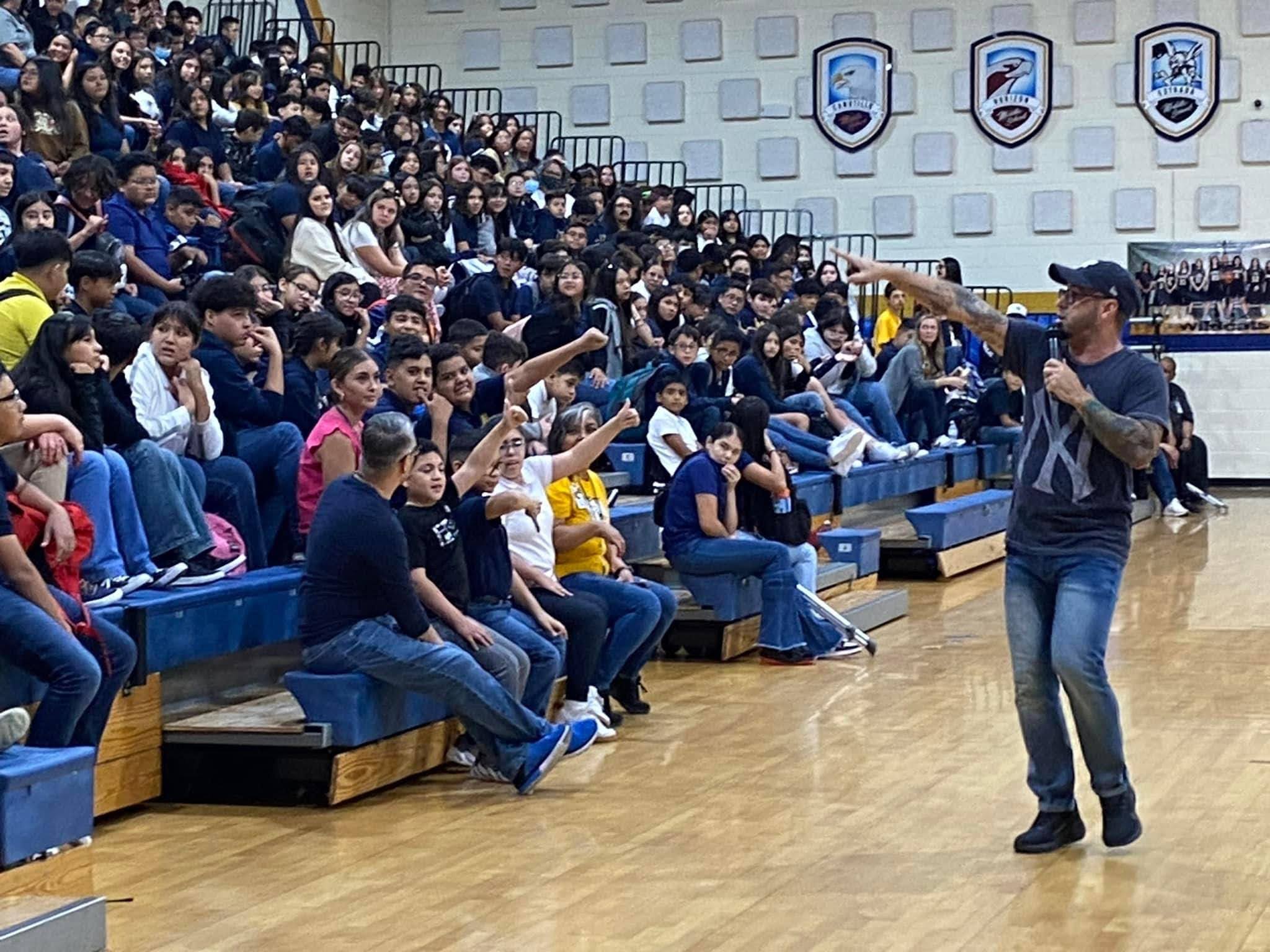 Motivational Youth Speaker Eddie Cortes presenting at Fabens Middle School Assembly in Texas